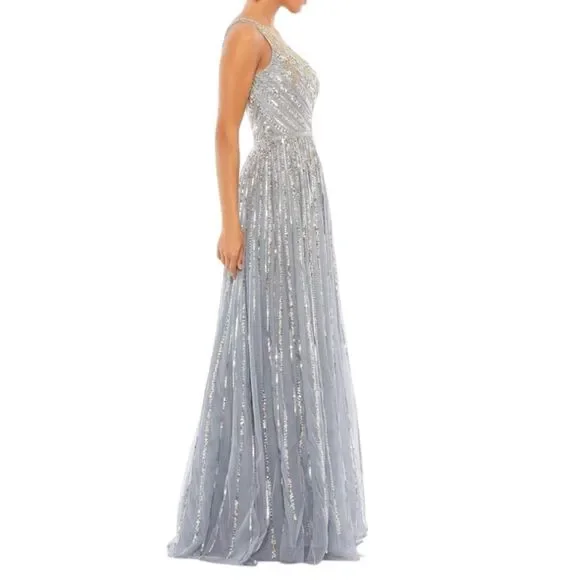 Mac Duggal Dress 16 Silver One Shoulder‎ Embellished Sequin Beaded Maxi Gown NWT - Picture 6 of 15